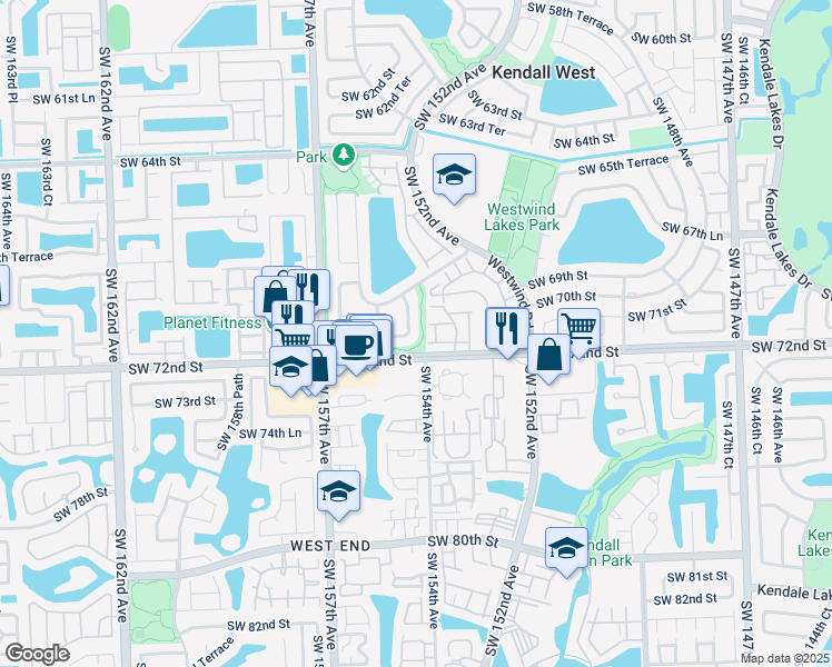 map of restaurants, bars, coffee shops, grocery stores, and more near 15414 Southwest 71st Street in Miami