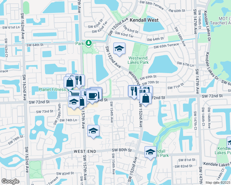 map of restaurants, bars, coffee shops, grocery stores, and more near 15370 Southwest 71st Lane in Miami