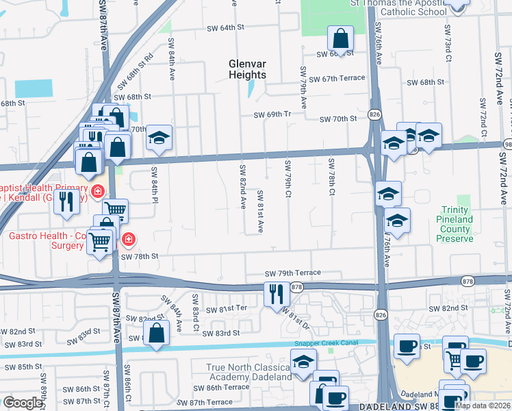 map of restaurants, bars, coffee shops, grocery stores, and more near 7500 Southwest 81st Avenue in Miami