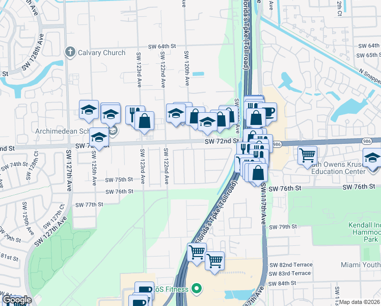 map of restaurants, bars, coffee shops, grocery stores, and more near 12008 Southwest 72nd Terrace in Miami