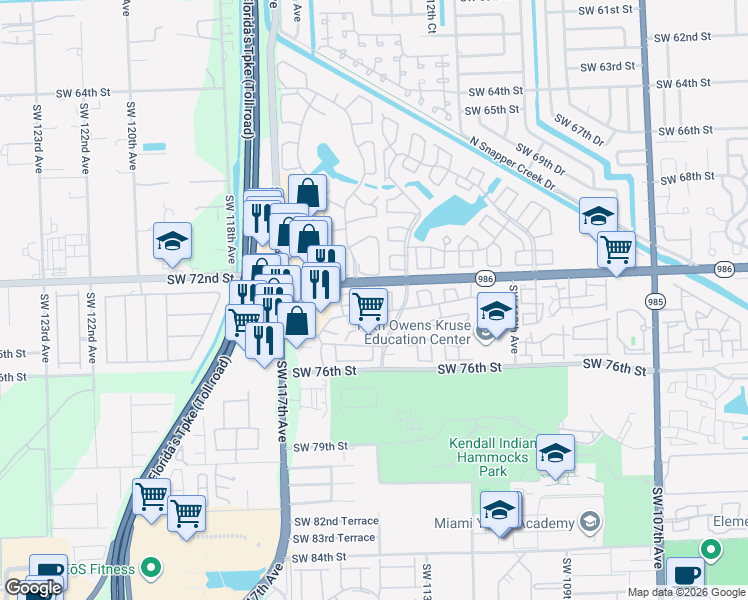 map of restaurants, bars, coffee shops, grocery stores, and more near 11380 Southwest 73rd Terrace in Miami