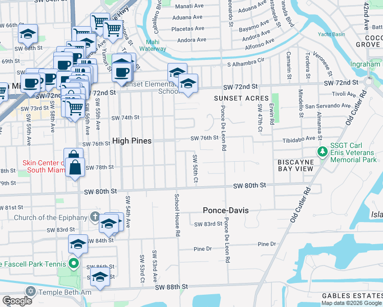 map of restaurants, bars, coffee shops, grocery stores, and more near 7740 Southwest 50th Court in Miami