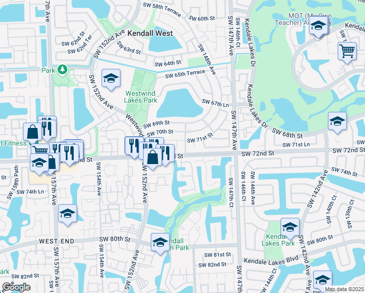 map of restaurants, bars, coffee shops, grocery stores, and more near 7122 Southwest 149th Avenue in Miami
