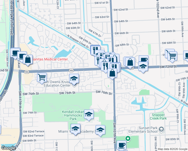 map of restaurants, bars, coffee shops, grocery stores, and more near 10814 Southwest 72nd Street in Miami