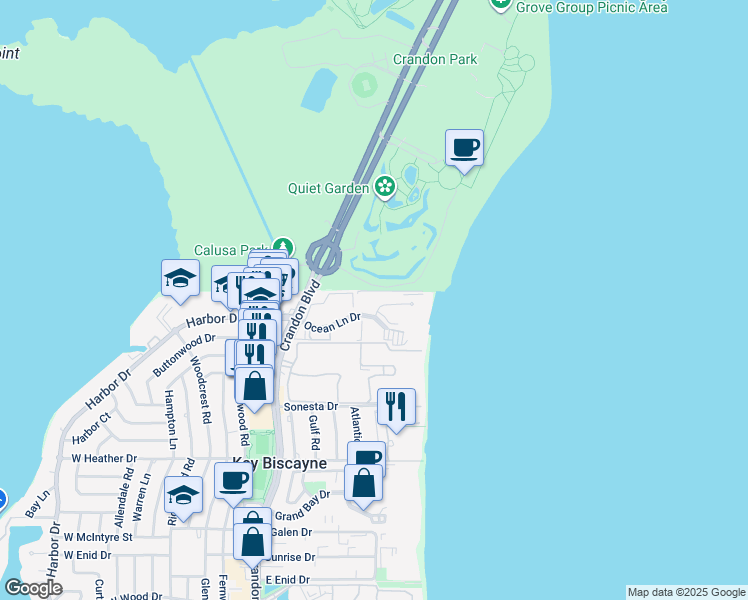 map of restaurants, bars, coffee shops, grocery stores, and more near 177 Ocean Lane Drive in Key Biscayne
