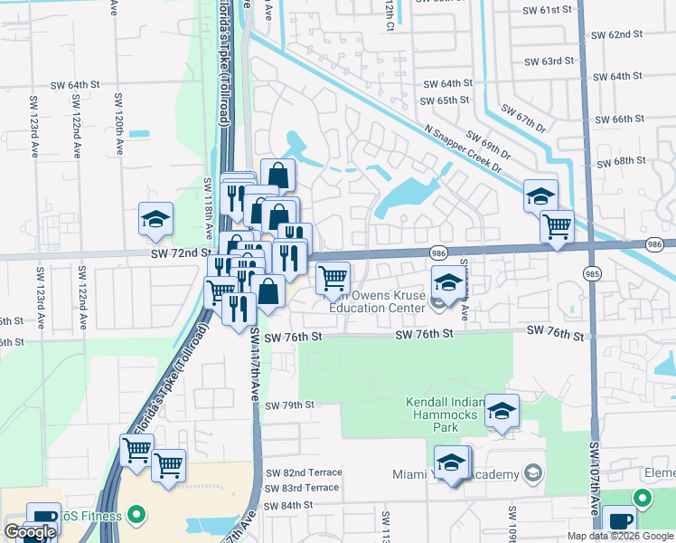 map of restaurants, bars, coffee shops, grocery stores, and more near 11380 Southwest 73rd Terrace in Miami