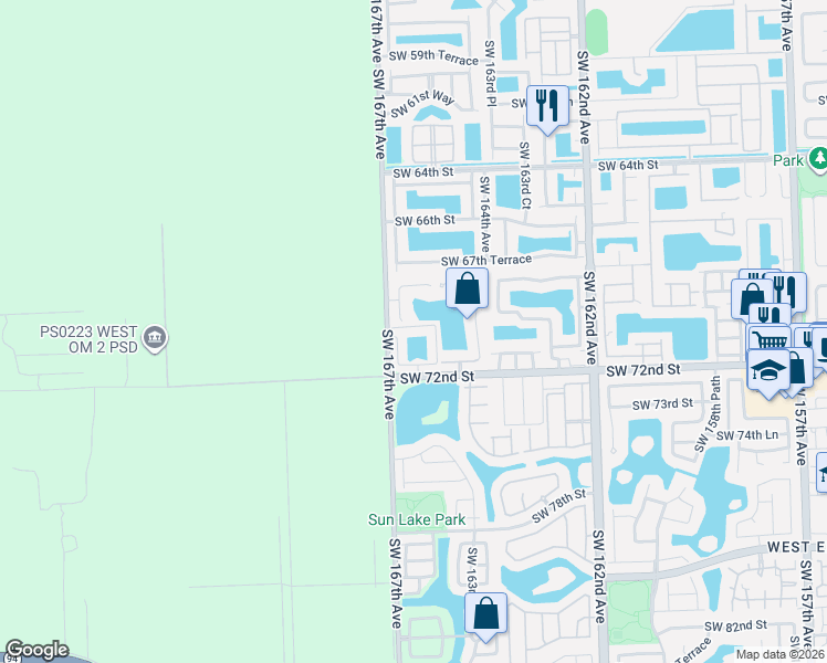 map of restaurants, bars, coffee shops, grocery stores, and more near 7063 Southwest 166th Place in Miami