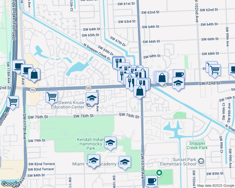 map of restaurants, bars, coffee shops, grocery stores, and more near 10904 Southwest 72nd Street in Miami