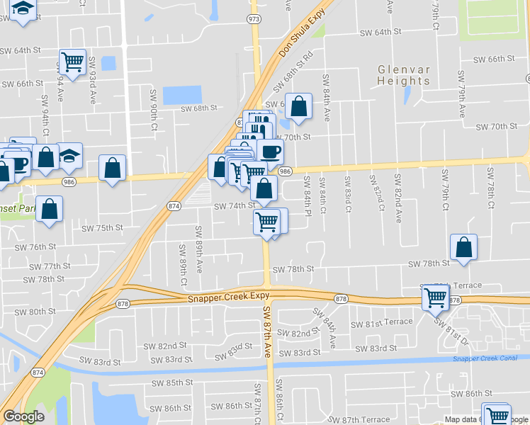 map of restaurants, bars, coffee shops, grocery stores, and more near 9830 Southwest 74th Terrace in Miami