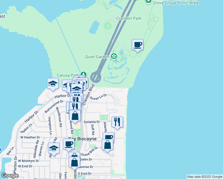 map of restaurants, bars, coffee shops, grocery stores, and more near 177 Ocean Lane Drive in Key Biscayne