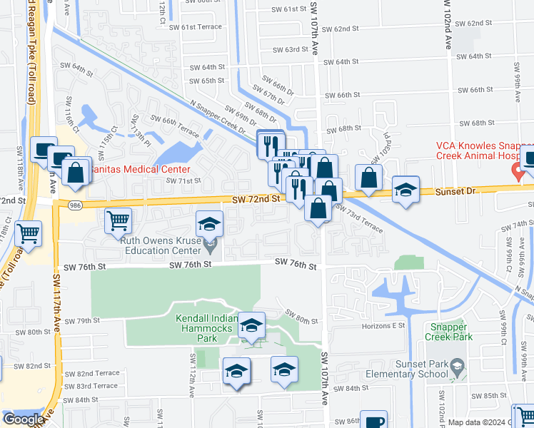 map of restaurants, bars, coffee shops, grocery stores, and more near 10904 Southwest 72nd Street in Miami