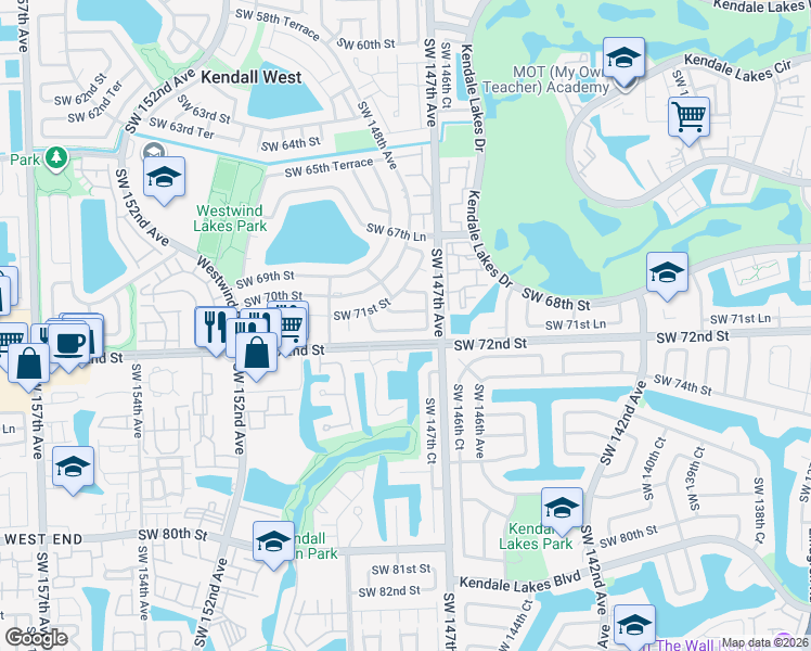 map of restaurants, bars, coffee shops, grocery stores, and more near 14748 Southwest 71st Lane in Miami