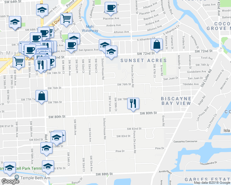 map of restaurants, bars, coffee shops, grocery stores, and more near Southwest 50th Court in Miami