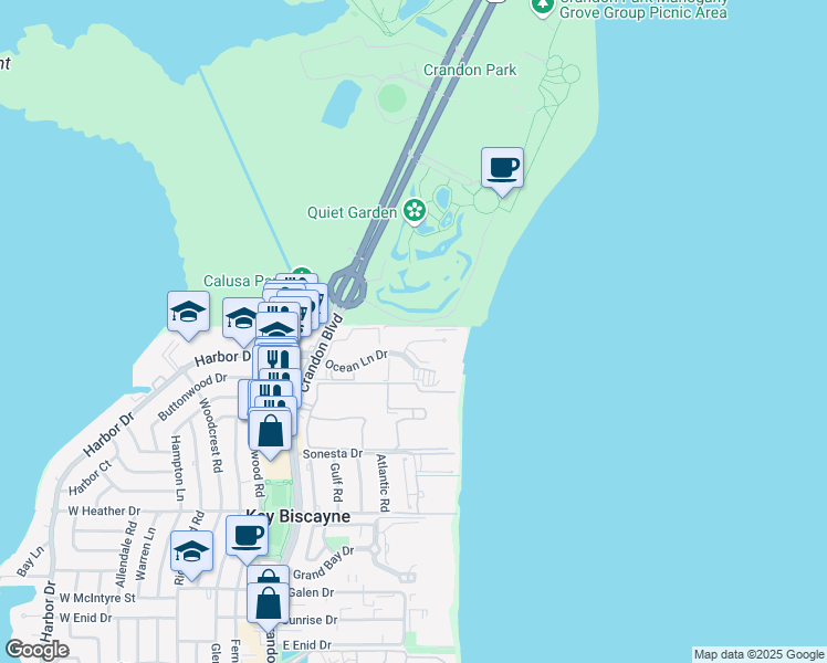 map of restaurants, bars, coffee shops, grocery stores, and more near 155 Ocean Lane Drive in Key Biscayne