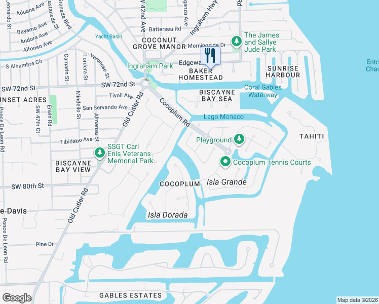 map of restaurants, bars, coffee shops, grocery stores, and more near 221 Costanera Road in Coral Gables