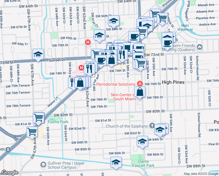 map of restaurants, bars, coffee shops, grocery stores, and more near 7634 Southwest 59th Court in South Miami