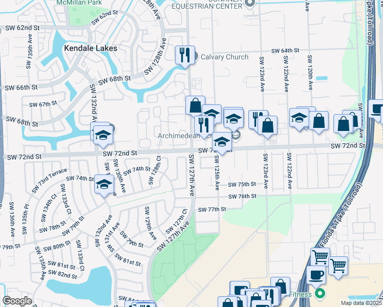 map of restaurants, bars, coffee shops, grocery stores, and more near 7225 Southwest 127th Court in Miami