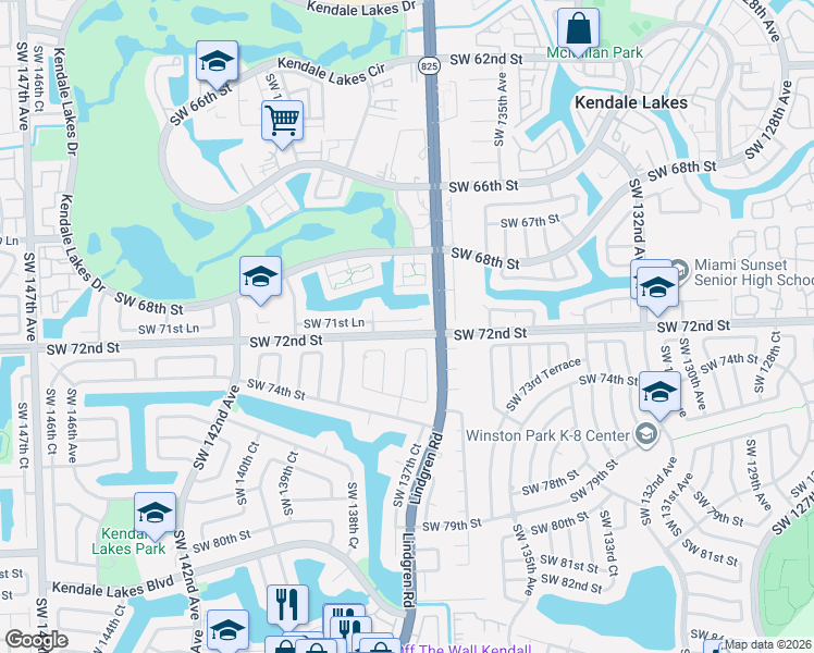 map of restaurants, bars, coffee shops, grocery stores, and more near 13841 Southwest 72nd Terrace in Miami