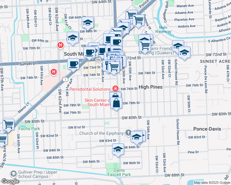 map of restaurants, bars, coffee shops, grocery stores, and more near 5735 Southwest 77th Terrace in South Miami