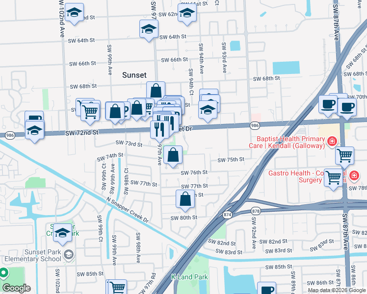 map of restaurants, bars, coffee shops, grocery stores, and more near 7215 Southwest 94th Place in Miami