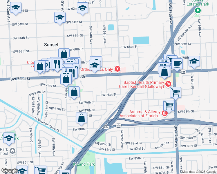 map of restaurants, bars, coffee shops, grocery stores, and more near 7220 Southwest 93rd Avenue in Miami