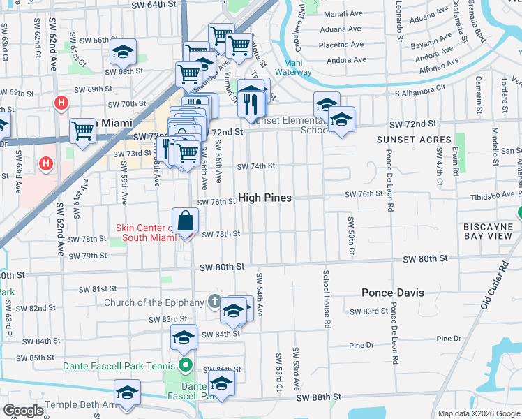 map of restaurants, bars, coffee shops, grocery stores, and more near 7575 Southwest 54th Avenue in Miami