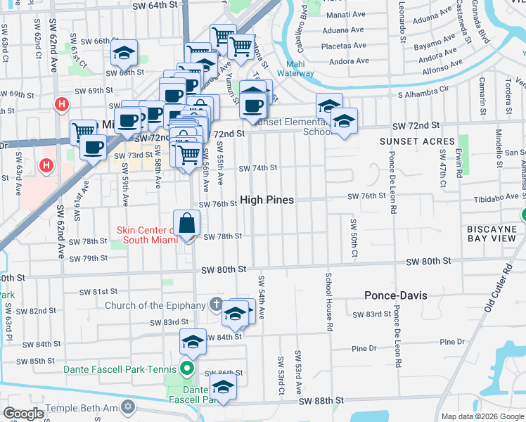 map of restaurants, bars, coffee shops, grocery stores, and more near 7575 Southwest 54th Avenue in Miami