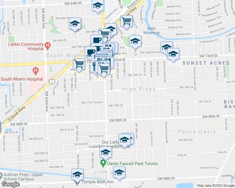 map of restaurants, bars, coffee shops, grocery stores, and more near 7545 Southwest 55th Avenue in Coral Gables