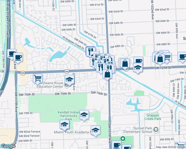 map of restaurants, bars, coffee shops, grocery stores, and more near 10814 Southwest 72nd Street in Miami