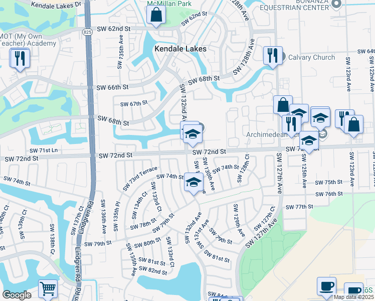 map of restaurants, bars, coffee shops, grocery stores, and more near 7105 Southwest 132nd Court in Miami