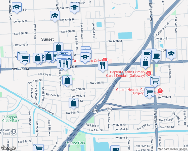 map of restaurants, bars, coffee shops, grocery stores, and more near 7220 Southwest 93rd Avenue in Miami