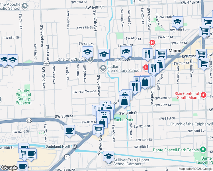 map of restaurants, bars, coffee shops, grocery stores, and more near 7450 Southwest 65th Court in South Miami