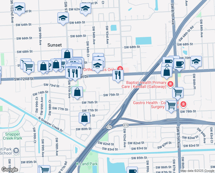 map of restaurants, bars, coffee shops, grocery stores, and more near 7220 Southwest 93rd Avenue in Miami