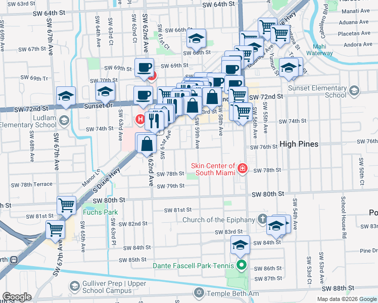 map of restaurants, bars, coffee shops, grocery stores, and more near 5965 Southwest 76th Street in South Miami