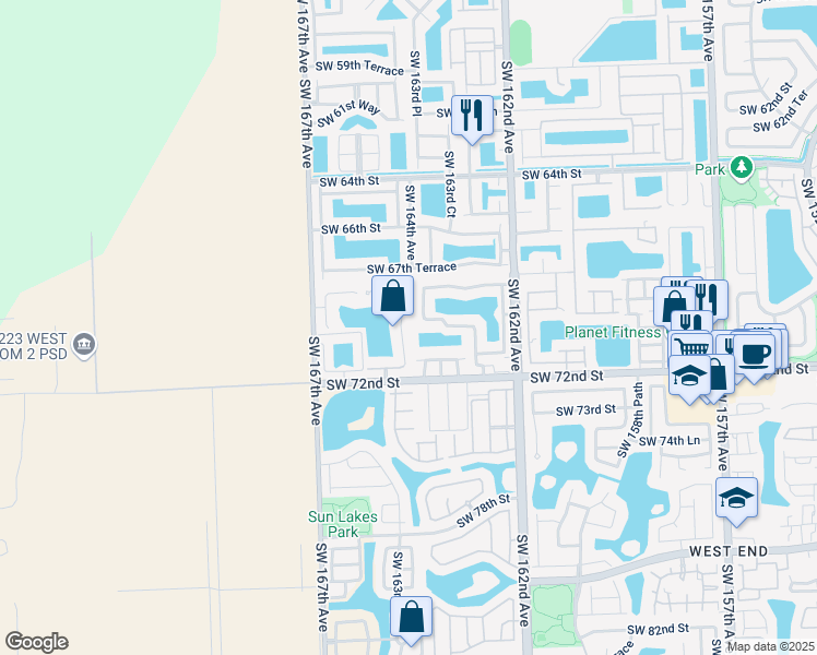 map of restaurants, bars, coffee shops, grocery stores, and more near 6910 Southwest 163rd Place in Miami