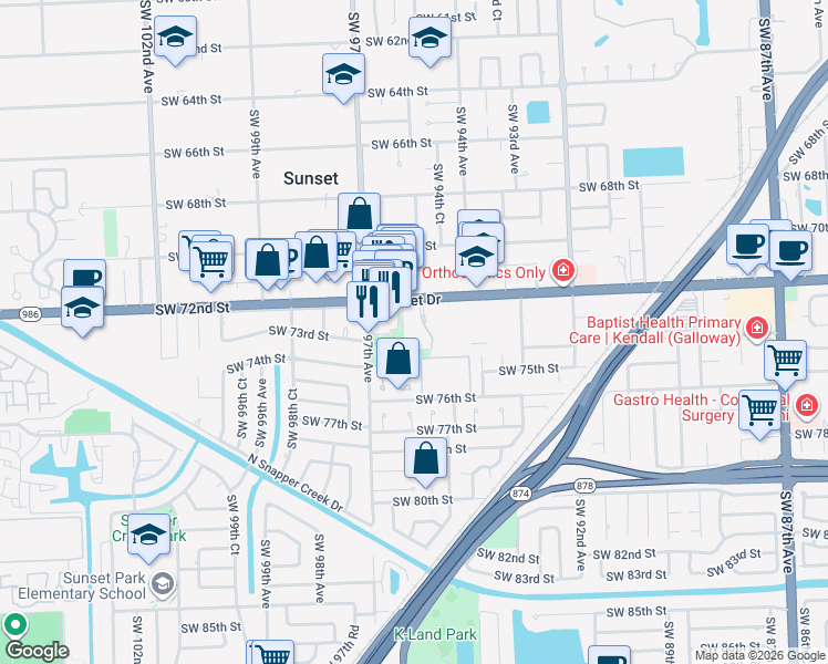 map of restaurants, bars, coffee shops, grocery stores, and more near 9644 Southwest 72nd Street in Miami