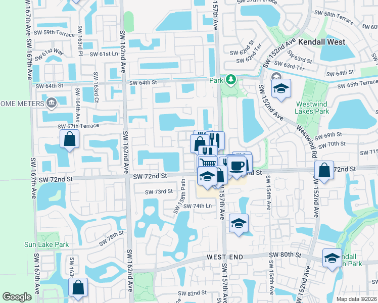 map of restaurants, bars, coffee shops, grocery stores, and more near 15849 Southwest 69th Lane in Miami