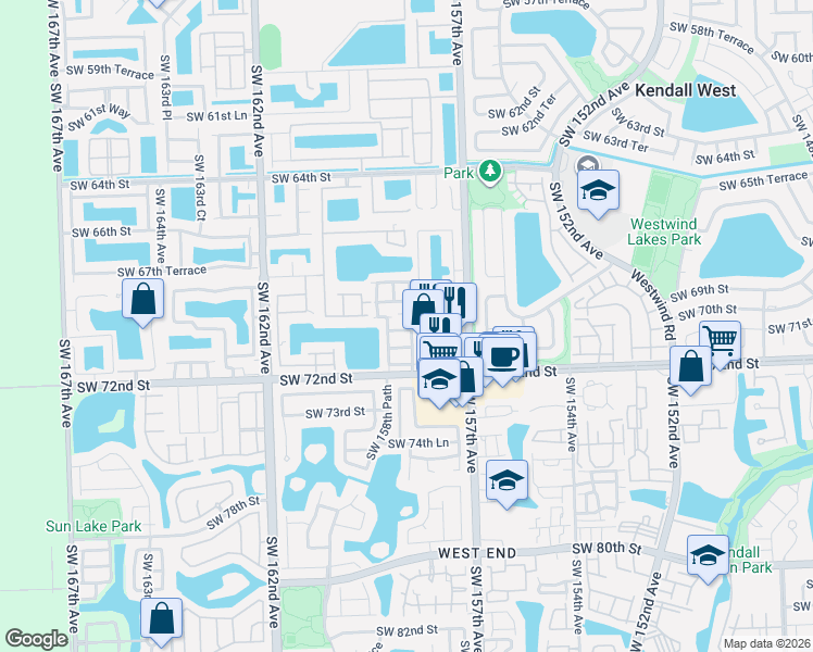 map of restaurants, bars, coffee shops, grocery stores, and more near 15849 Southwest 69th Lane in Miami