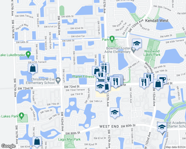 map of restaurants, bars, coffee shops, grocery stores, and more near 15849 Southwest 70th Terrace in Miami