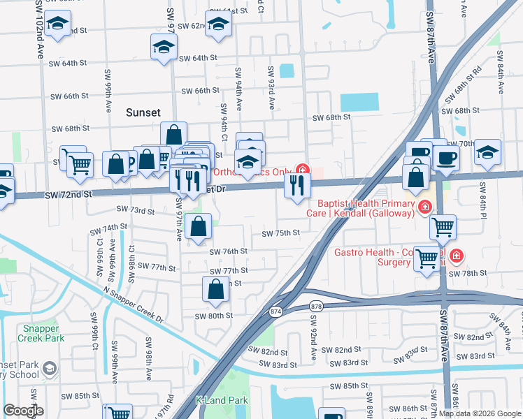 map of restaurants, bars, coffee shops, grocery stores, and more near 7220 Southwest 93rd Avenue in Miami