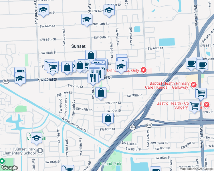 map of restaurants, bars, coffee shops, grocery stores, and more near 7215 Southwest 94th Place in Miami