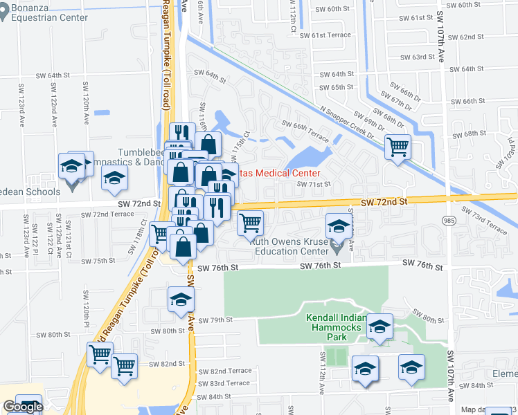 map of restaurants, bars, coffee shops, grocery stores, and more near 11340 Southwest 71st Lane in Miami