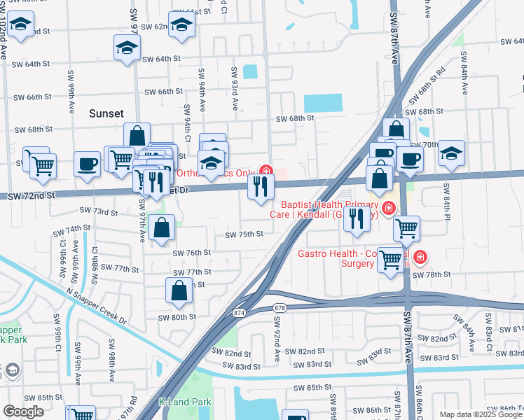 map of restaurants, bars, coffee shops, grocery stores, and more near 9240 Sunset Drive in Miami