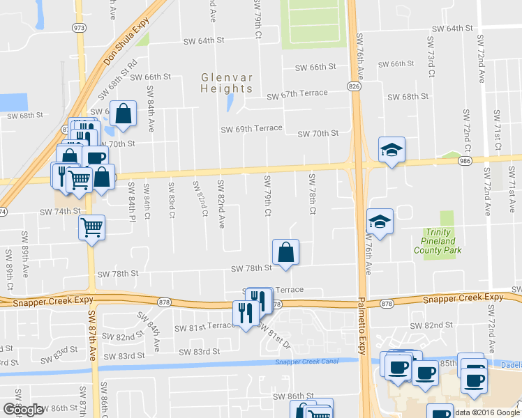 map of restaurants, bars, coffee shops, grocery stores, and more near 7400 Southwest 79th Court in Miami