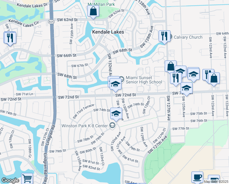 map of restaurants, bars, coffee shops, grocery stores, and more near 7105 Southwest 132nd Court in Miami