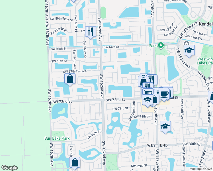 map of restaurants, bars, coffee shops, grocery stores, and more near 6963 Southwest 161st Place in Miami