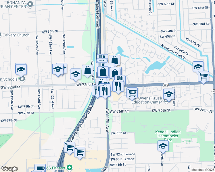 map of restaurants, bars, coffee shops, grocery stores, and more near SW 117th Ave & SW 72nd St in Kendall