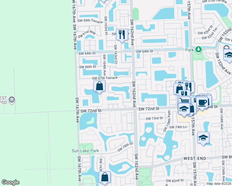 map of restaurants, bars, coffee shops, grocery stores, and more near 16325 Southwest 70th Street in Miami