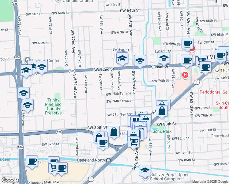 map of restaurants, bars, coffee shops, grocery stores, and more near 7441 Southwest 68th Court in South Miami