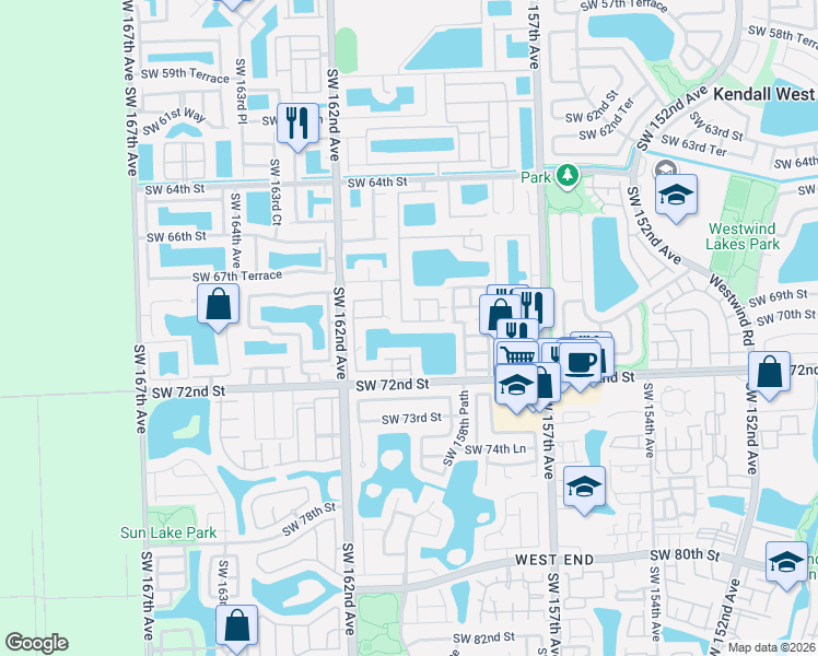 map of restaurants, bars, coffee shops, grocery stores, and more near 15970 Southwest 69th Lane in Miami